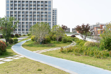 footpath through garden on rooftop of modern office building