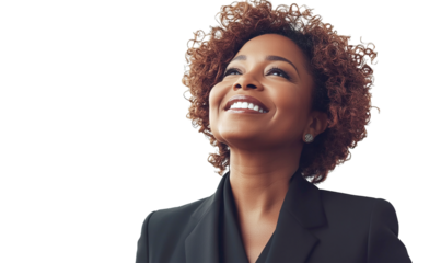 Joyful Black woman looking up, smiling, wearing black blazer, transparent background