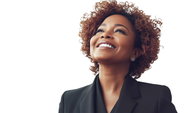 Joyful Black woman looking up, smiling, wearing black blazer, transparent background