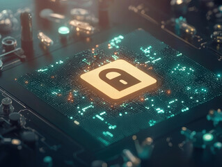 Glowing lock icon on circuit board symbolizes digital security