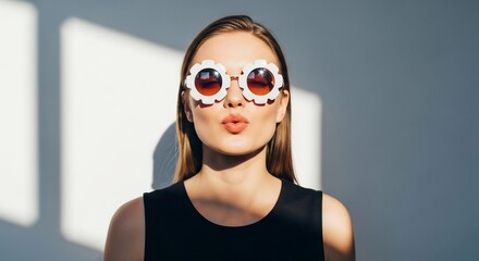 Woman with Flower Sunglasses Blowing a Kiss in Sunlight