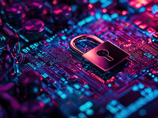 Closeup of digital lock on circuit board highlights cybersecurity in technology