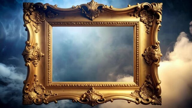 Ornate golden picture frame with elegant floral designs floating against dramatic cloudy sky background