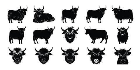 Obraz premium Buffalo Silhouette Collection – Black Vector Farm Animal in Standing and Front Poses