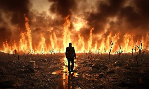 Man walking through burning wasteland alone