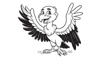 vector illustration of cartoon vulture bird waving wing greeting black and white drawing For children to learn to color according to the picture.