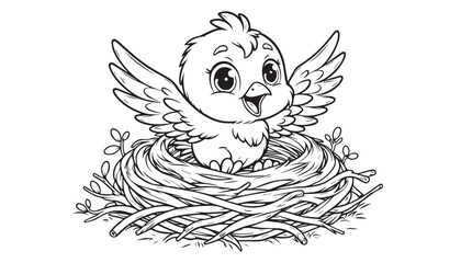 vector illustration of cartoon parrot bird waving wing greeting black and white drawing For children to learn to color according to the picture.