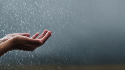Hands catching rain drops against a grey sky.