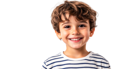 Happy smiling boy portrait, striped shirt, transparent background, cheerful child headshot, joyful expression, kid's face close-up, positive emotion, carefree childhood, isolated image,