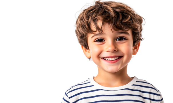 Happy smiling boy portrait, striped shirt, transparent background, cheerful child headshot, joyful expression, kid's face close-up, positive emotion, carefree childhood, isolated image,