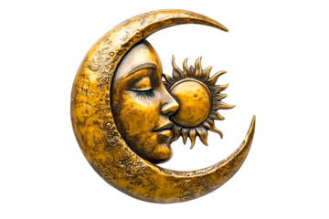 Golden crescent moon face sculpture with sun, isolated on transparent background, mystical celestial artwork, bronze finish, wall decor, home decor, spiritual symbol,