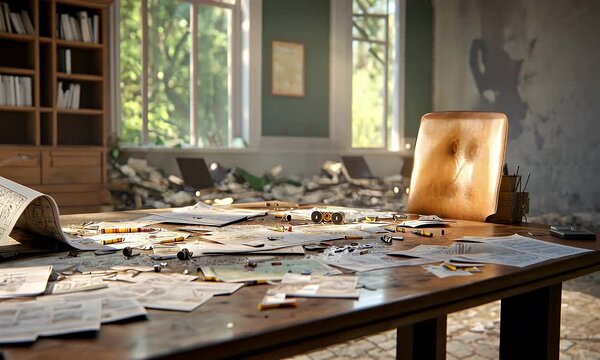 Messy office desk with scattered papers and chair
