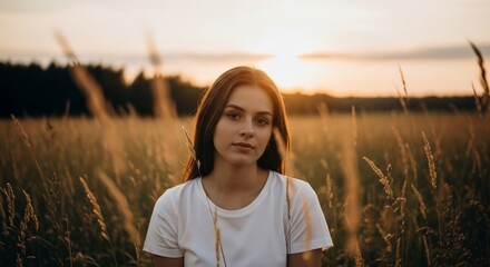Young Woman in Field at Sunset, Golden Hour Portrait, Serene Expression