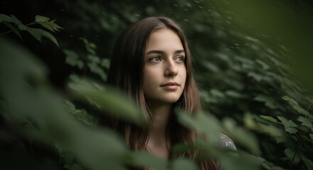 Young Woman's Portrait Amidst Lush Green Foliage, Serene and Dreamy Expression