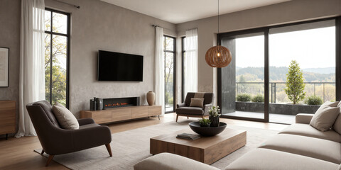 Fototapeta premium Living Room Modern Interior Fireplace Modern living room interior with fireplace TV sofa armchairs