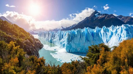 Dramatic scenery of a giant glacier with icebergs floating in turquoise water surrounded by mountains and forests under a sunny blue sky. - Powered by Adobe
