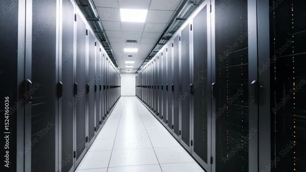Poster data center hallway filled with server racks, providing a clean and futuristic look for technology o