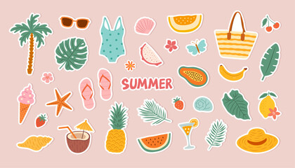 Summer vector vacation beach stickers with fruits, tropical leaves, beach elements