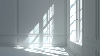Obraz premium Sunlight casting tree shadows through window in empty room, minimalist architectural light and shadow composition