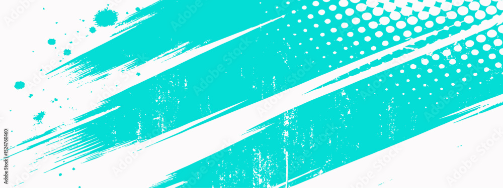 Poster teal and white abstract background with brush strokes and halftone dots in the corner area grunge ef