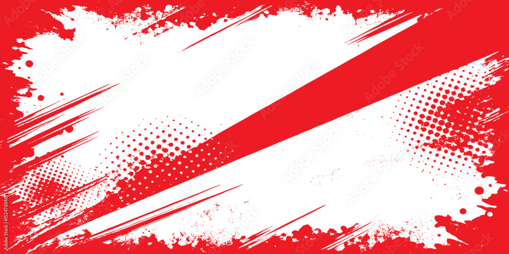 Aufkleber red and white grunge background with diagonal stripe and halftone pattern and brush stroke border te