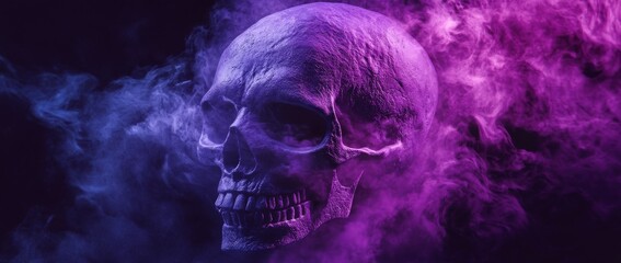Obraz premium A detailed skull stands prominently amid swirling clouds of vibrant purple and gray smoke. The lighting creates an eerie yet captivating effect, enhancing the gothic aesthetic.