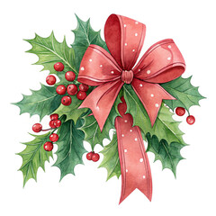 Watercolor Holly Berry Leaves and Red Ribbon Bowknot Isolated on White
