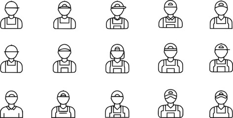 Line Icon Set of Construction Worker, Technician, Engineer, Builder in Flat Design Style. Vector illustration.