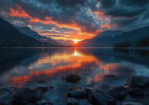
Dramatic Lake Sunset with Storm Clouds Reflecting Hues and Foreground Light