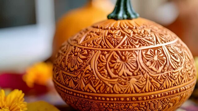 Close-up of intricate floral patterns carved on a decorative pumpkin alongside fall foliage and another blurred pumpkin