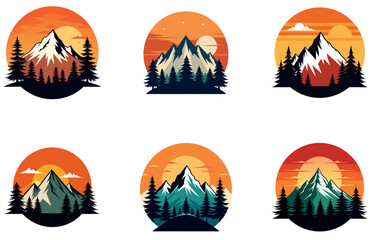 Clean Vector Design of Mountain Silhouette with Pine Trees and Sunrise Ideal for Adventure, Hiking, and Outdoor Nature Themes