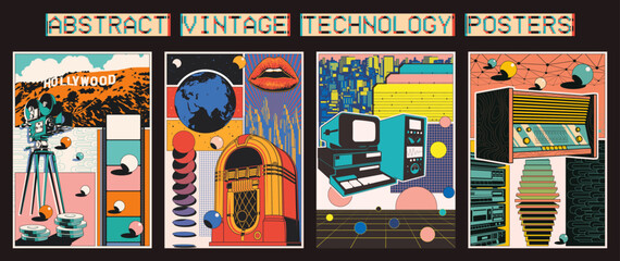  Film Camera, Jukebox, Retro Computer, Retro Radio Abstract Vintage Technology Posters. Cityscape Backgrounds,  Geometric Shapes, Abstract Perspectives and Dimensions