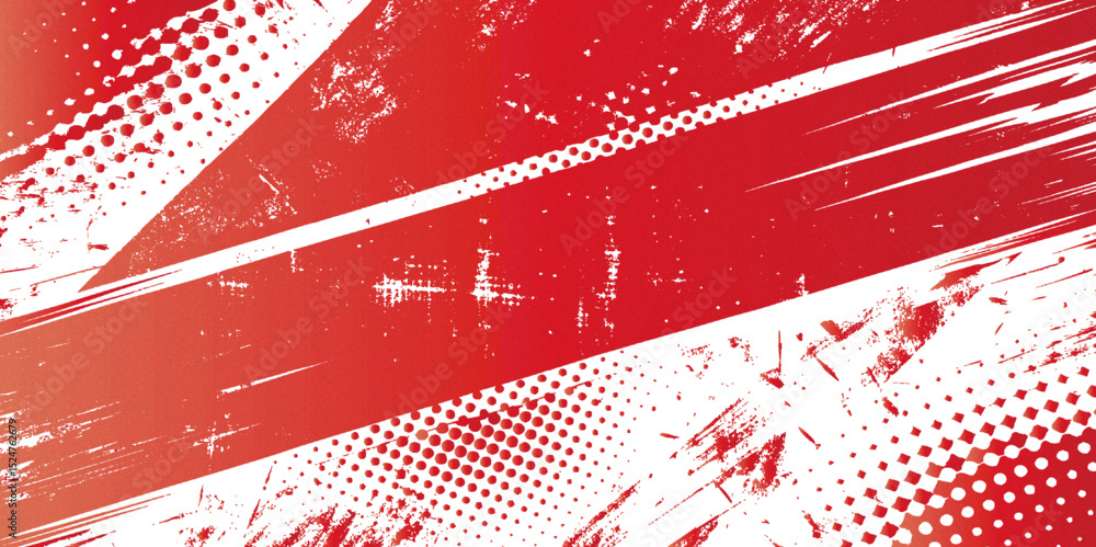 Aufkleber red and white grunge background with diagonal stripe and halftone pattern and brush stroke border te