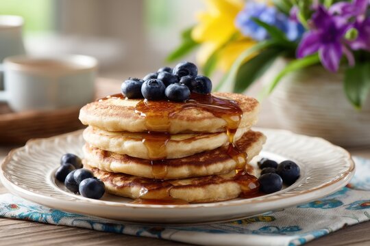 Delicious stack of pancakes with blueberries and syrup on elegant plate.
