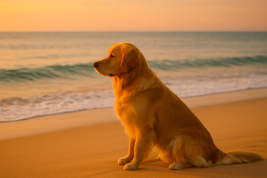 A golden retriever gazes at the ocean horizon as the sun sets casting golden light over the beach and evoking a moment of peace loyalty and connection with nature - Powered by Adobe