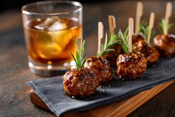 Gourmet meatballs with rosemary skewers and whiskey cocktail on wooden board.