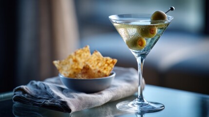 Classic martini with olives and bowl of crispy chips on a table.