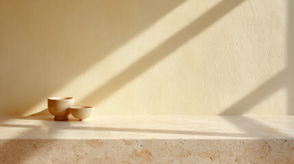 sunlight reflecting off smooth countertop surface creating ultrabright highlights and soft shadows