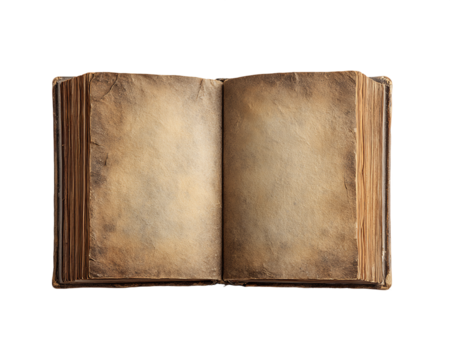 Open Antique Book with Aged Yellowed Pages and Dark Brown Cover, PNG