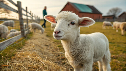 Fototapeta premium Close-up of a lamb on a farm. Shepherd. Pasture grass. Sheep wool. The Chinese zodiac. Countryside.