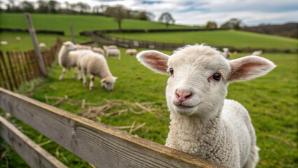Obraz premium Close-up of a lamb on a farm. Shepherd. Pasture grass. Sheep wool. The Chinese zodiac. Countryside.