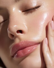 Glowing Glass Skin Beauty Portrait of Woman Touching Face