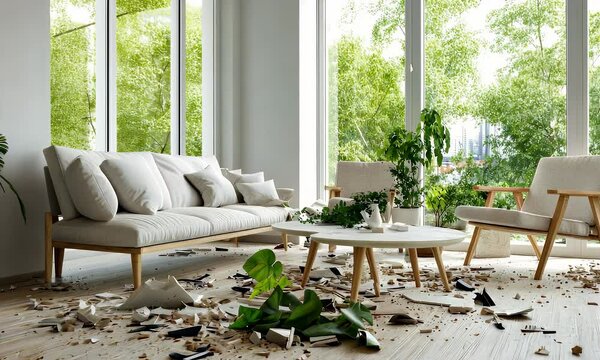 Plant pot breaking on living room floor