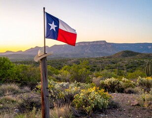 Sunset Over Texas Hill Country with Cowboy Hat and Lone Star Flag

