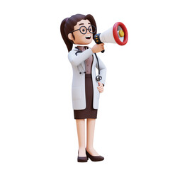 3D render woman doctor character in a white lab coat shouting with a megaphone