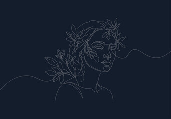 Abstract Female Line Art with Botanical Motifs on Deep Navy Background Minimal Vector Illustration