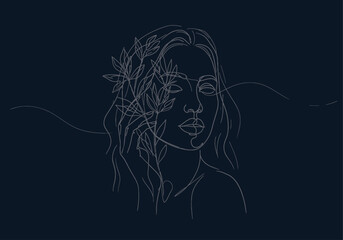 Abstract Female Line Art with Botanical Motifs on Deep Navy Background Minimal Vector Illustration