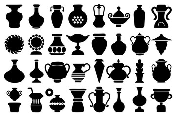 Collection of pottery ceramic vase silhouette shapes isolated on transparent background