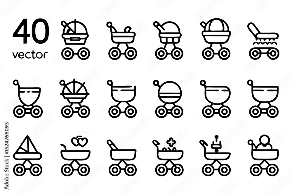 Poster editable stroke outline stroller icon design isolated on transparent background