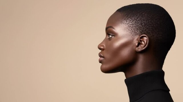 Striking profile Black woman sleek hair neutral background